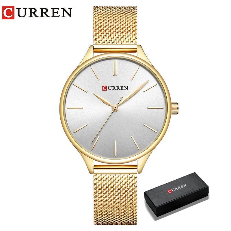 CURREN Original Women's Luxury Watch Matte Dial Japanese Quartz Movement Stainless Steel Mesh Strap with Box