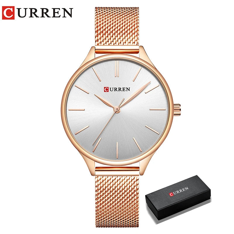 CURREN Original Women's Luxury Watch Matte Dial Japanese Quartz Movement Stainless Steel Mesh Strap with Box