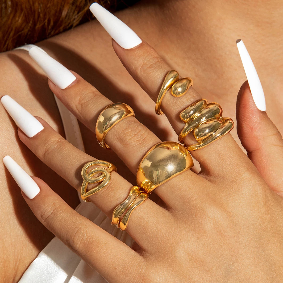 EPSINIA™ “Waveform” Set — 6-Piece Gold Irregular Ring Collection · Smooth Intersect & Classic Wave Finger Rings for Women