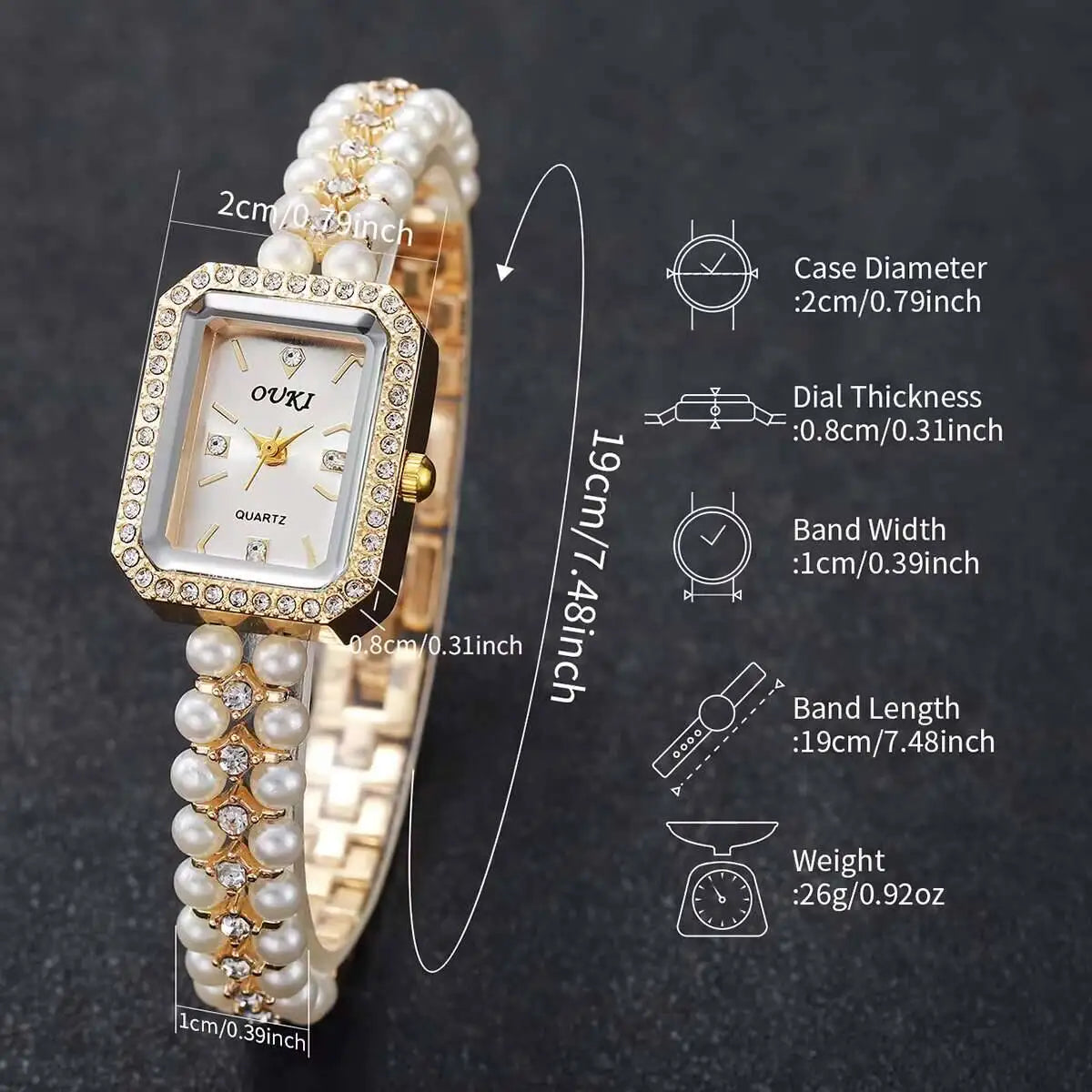 Fashion Square Women Quartz Watch Elegant Imitation Pearls Strap Wrist Watches for Girls Clock Reloj Mujer(Without Box)