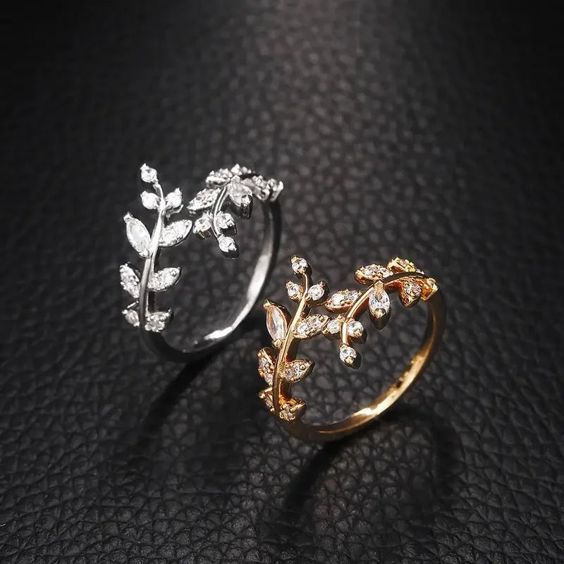 EPSINIA™ “Olive Grace” Ring — 925 Sterling Silver Adjustable Olive Branch Ring with Zircon · Korean Romantic Open Design