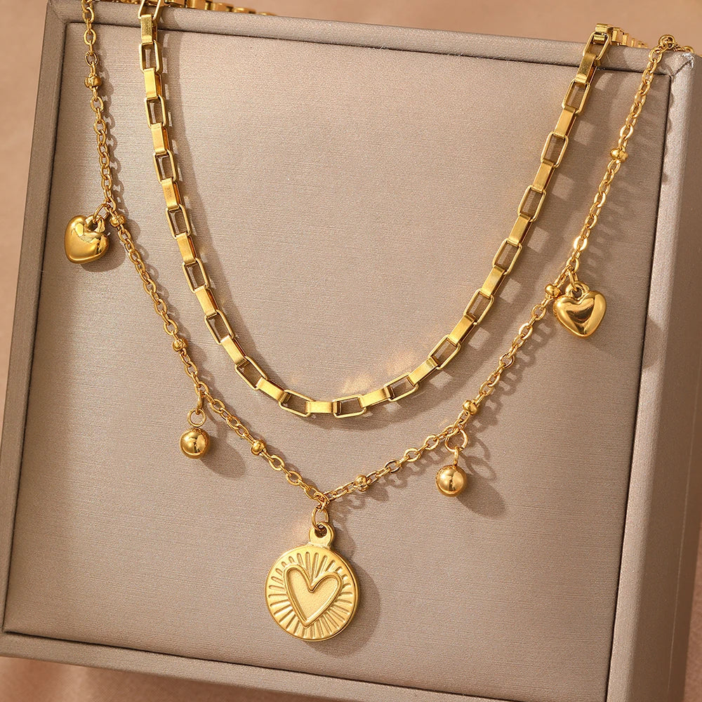 EPSINIA “Double Heart” Necklace — Light Luxury Stainless Steel Layered Chain for Women