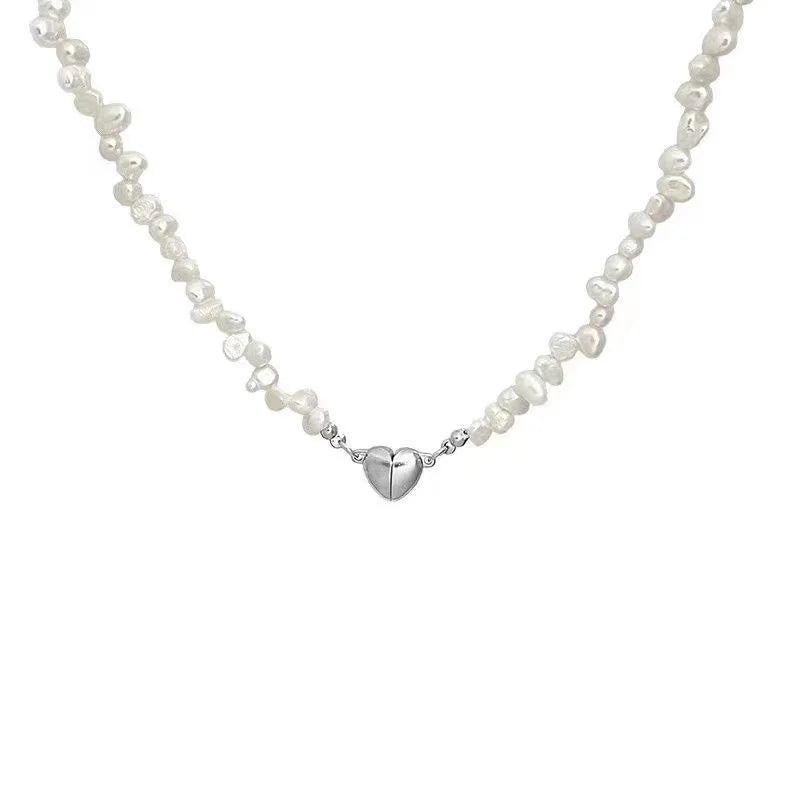 EPSINIA “Luna” Pearl Chain Necklace — Minimal Heart Pendant, Modern Korean Jewelry