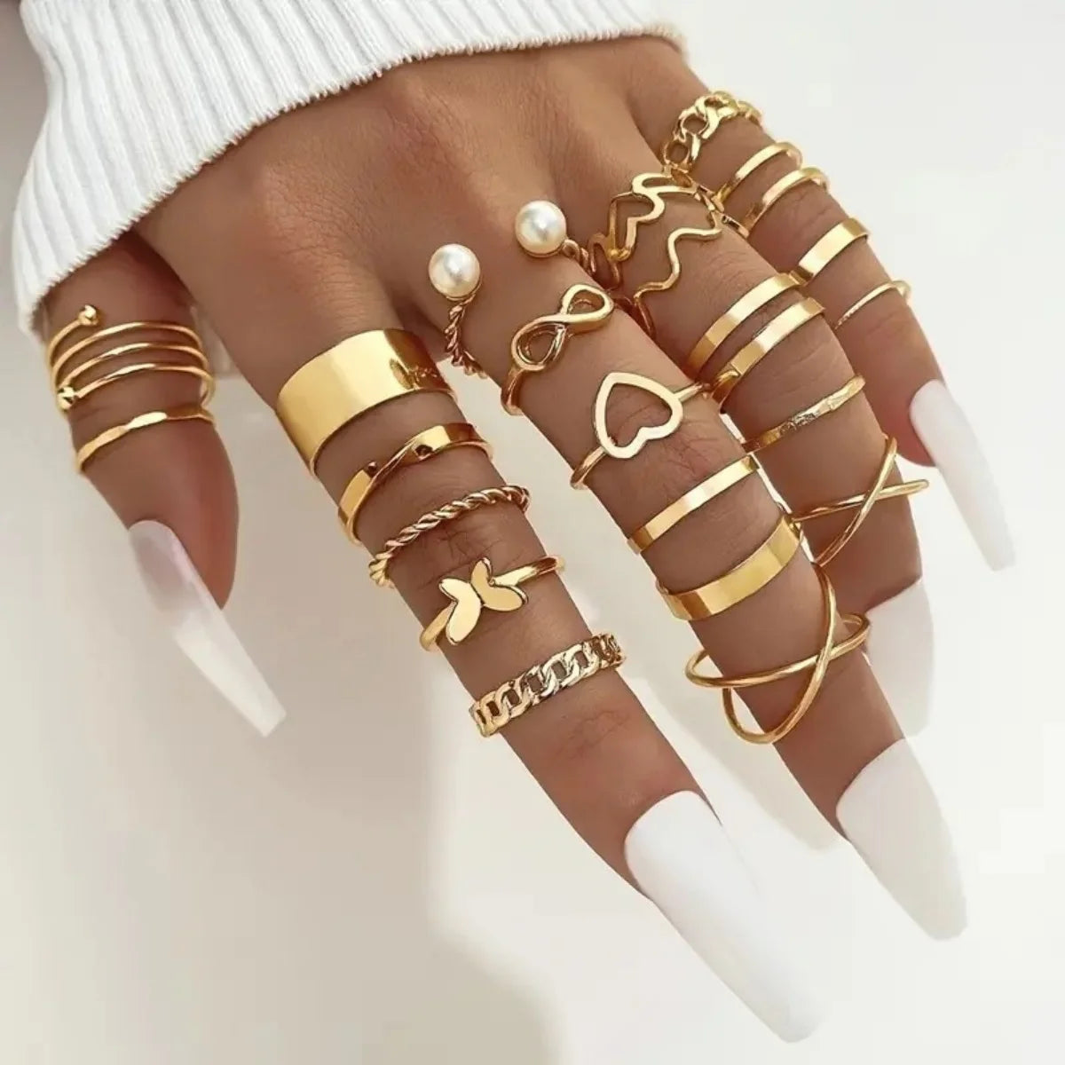 EPSINIA™ “Nova Set” — 12-Piece Gold Irregular Geometric Open Rings Set · Adjustable Metal Knuckle Jewelry for Women & Men