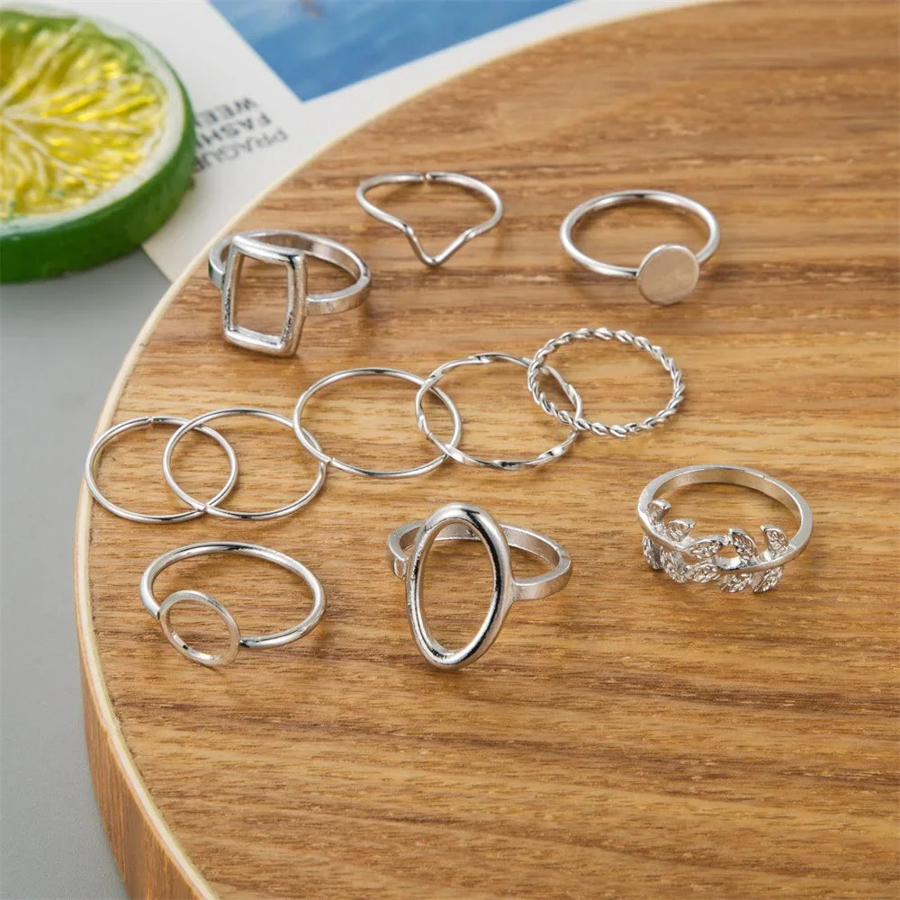 EPSINIA™ “Wave Leaf” Set — 11-Piece Geometric Hollow Ring Collection · Minimalist Gold Knuckle & Band Rings for Women and Men