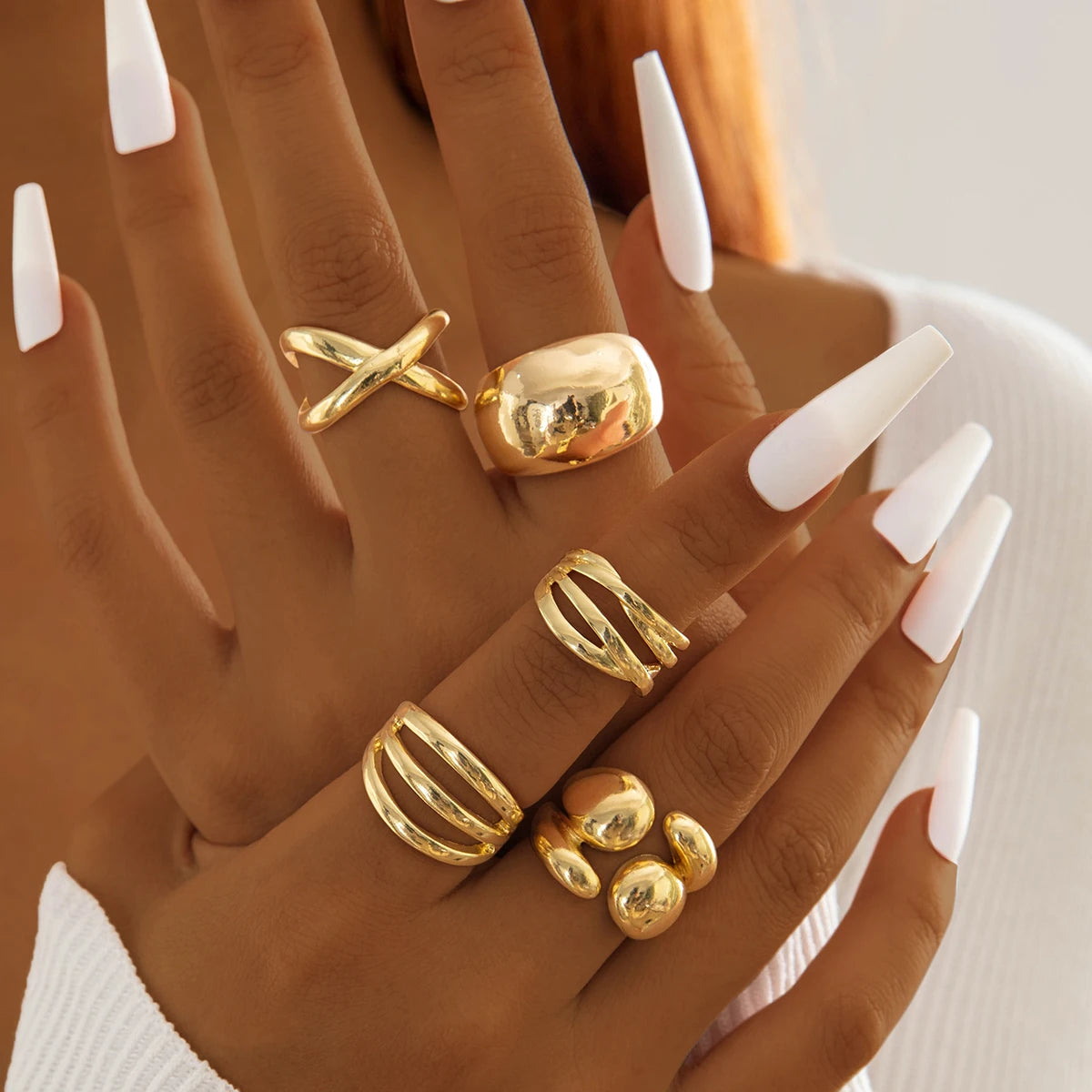 EPSINIA™ “Waveform” Set — 6-Piece Gold Irregular Ring Collection · Smooth Intersect & Classic Wave Finger Rings for Women
