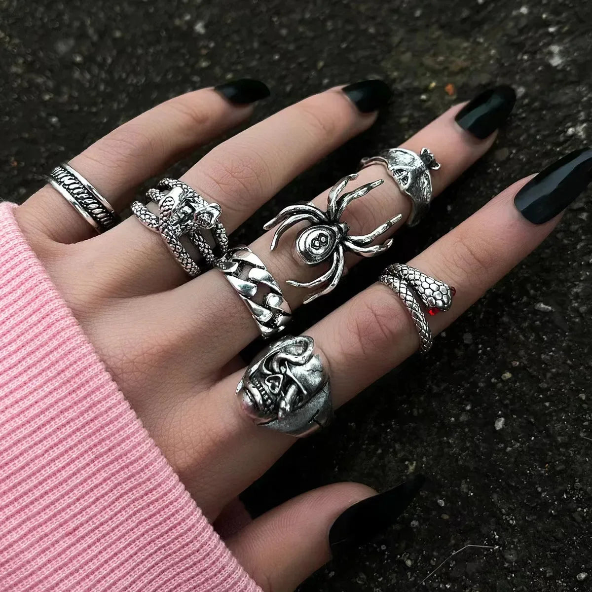 EPSINIA™ “Lava Bloom” Set — 6-Piece Baroque Pearl & Liquid Metal Ring Collection · Unique Open Design Jewelry for Women