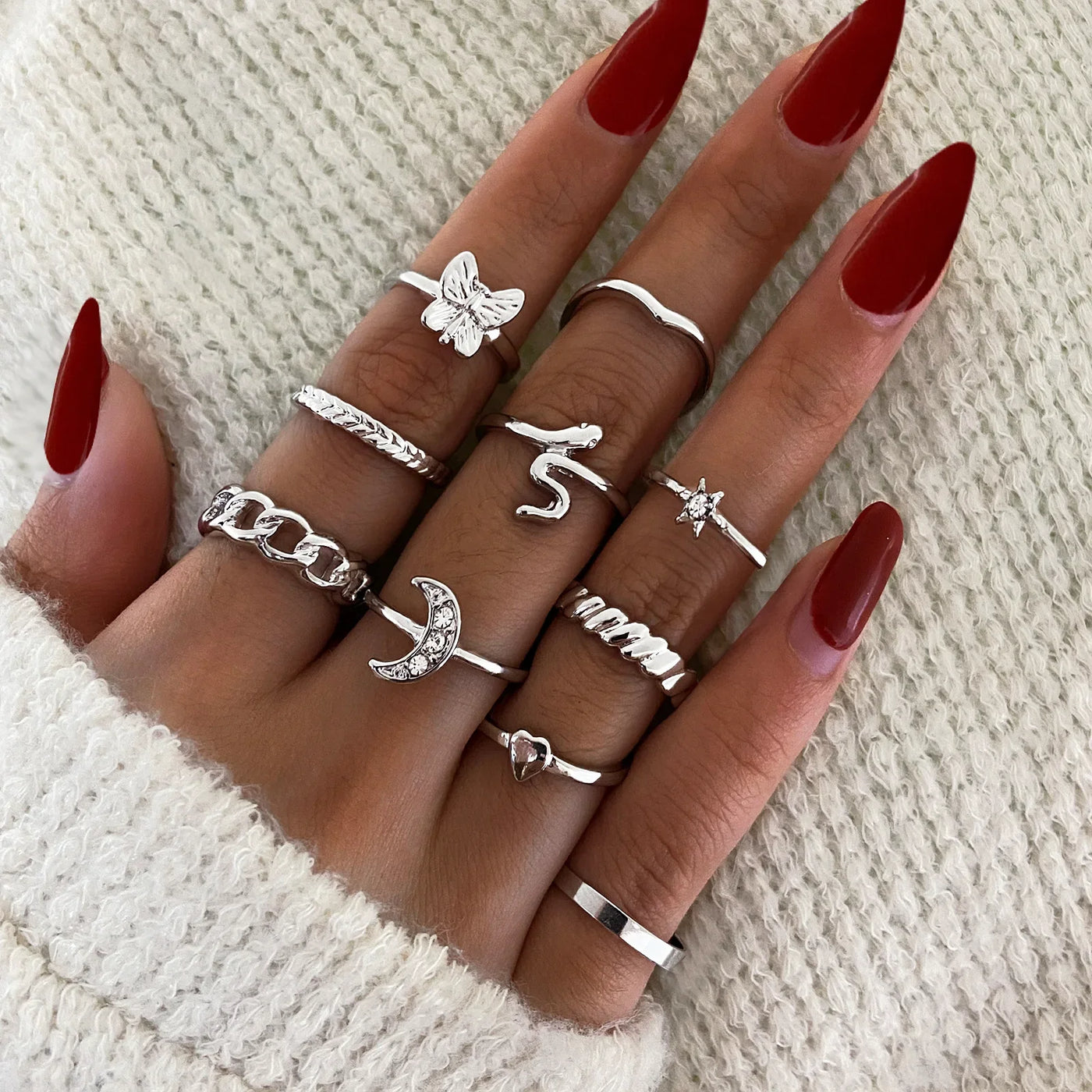 EPSINIA™ “Wave Leaf” Set — 11-Piece Geometric Hollow Ring Collection · Minimalist Gold Knuckle & Band Rings for Women and Men