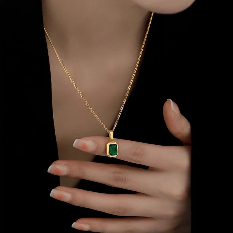 EPSINIA “Emerald Square” Necklace — 18K Gold-Plated 316L Stainless Steel Pendant with Green Zirconia