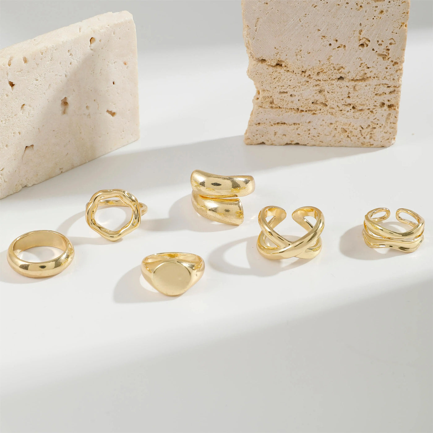 EPSINIA™ “Waveform” Set — 6-Piece Gold Irregular Ring Collection · Smooth Intersect & Classic Wave Finger Rings for Women
