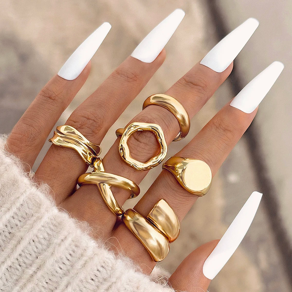 EPSINIA™ “Waveform” Set — 6-Piece Gold Irregular Ring Collection · Smooth Intersect & Classic Wave Finger Rings for Women