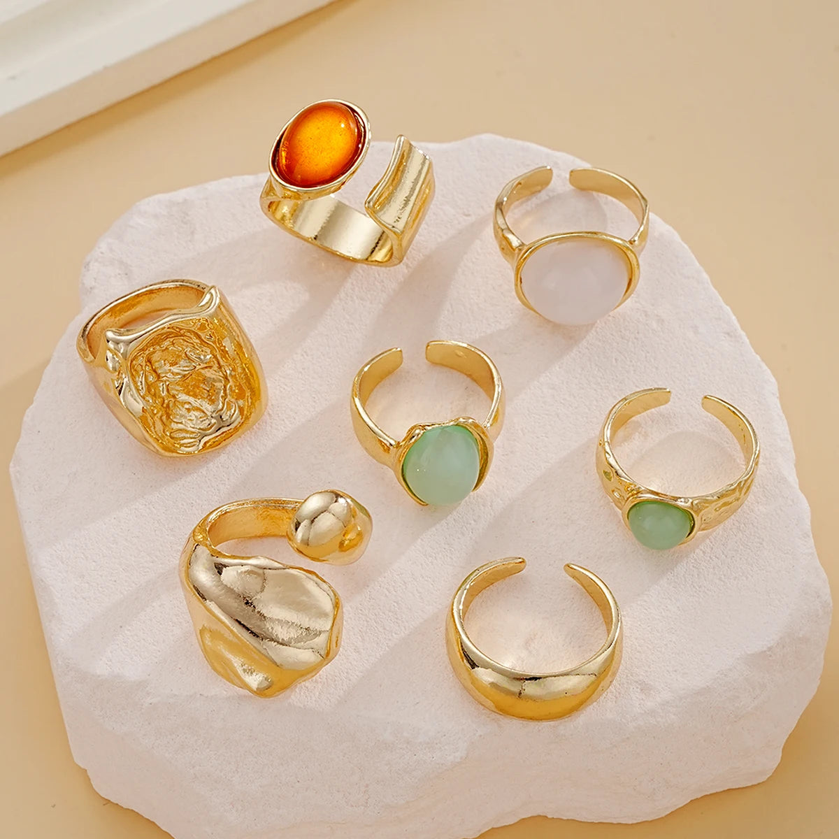 EPSINIA™ “Aurora” Set — 7-Piece Retro Irregular Gemstone Rings · Geometric Gold Opening Rings (2025 Edition),