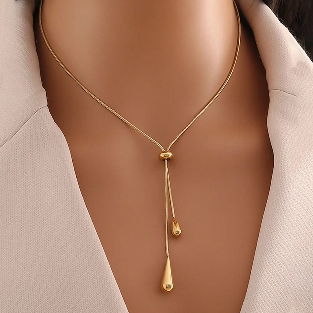 EPSINIA “Cascade” Necklace — Adjustable Stainless Steel Tassel with Water Drop Charm