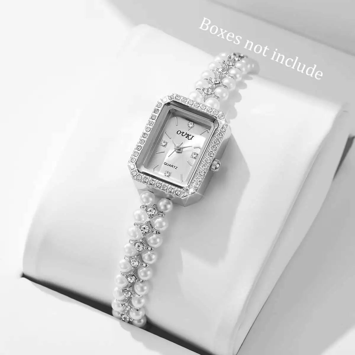 Fashion Square Women Quartz Watch Elegant Imitation Pearls Strap Wrist Watches for Girls Clock Reloj Mujer(Without Box)