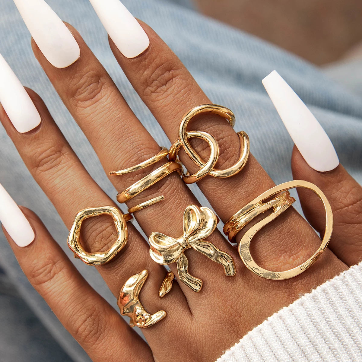 EPSINIA™ “Waveform” Set — 6-Piece Gold Irregular Ring Collection · Smooth Intersect & Classic Wave Finger Rings for Women