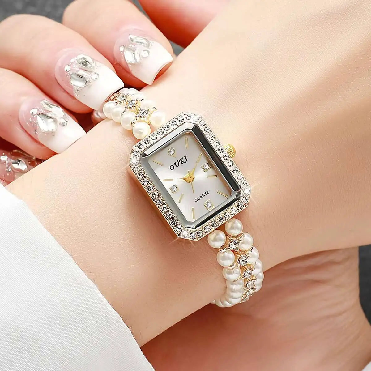 Fashion Square Women Quartz Watch Elegant Imitation Pearls Strap Wrist Watches for Girls Clock Reloj Mujer(Without Box)