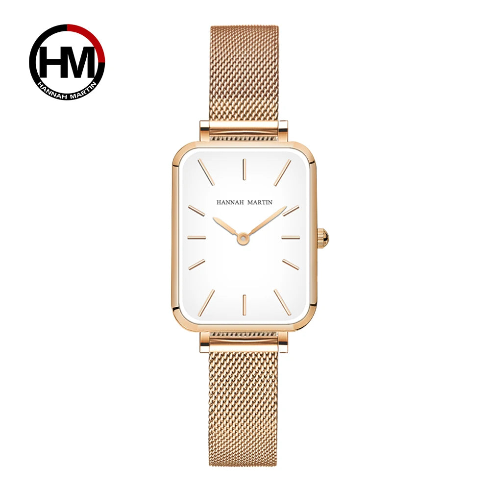 Square Women Stainless Steel Mesh Strap Watch Fashion Japanese Movement Rose Gold Simple Leisure Fashion Hannah Martin Watches