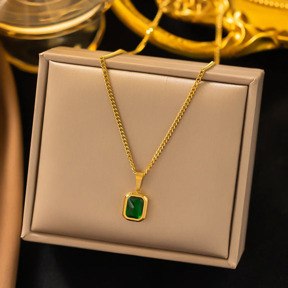 EPSINIA “Emerald Square” Necklace — 18K Gold-Plated 316L Stainless Steel Pendant with Green Zirconia