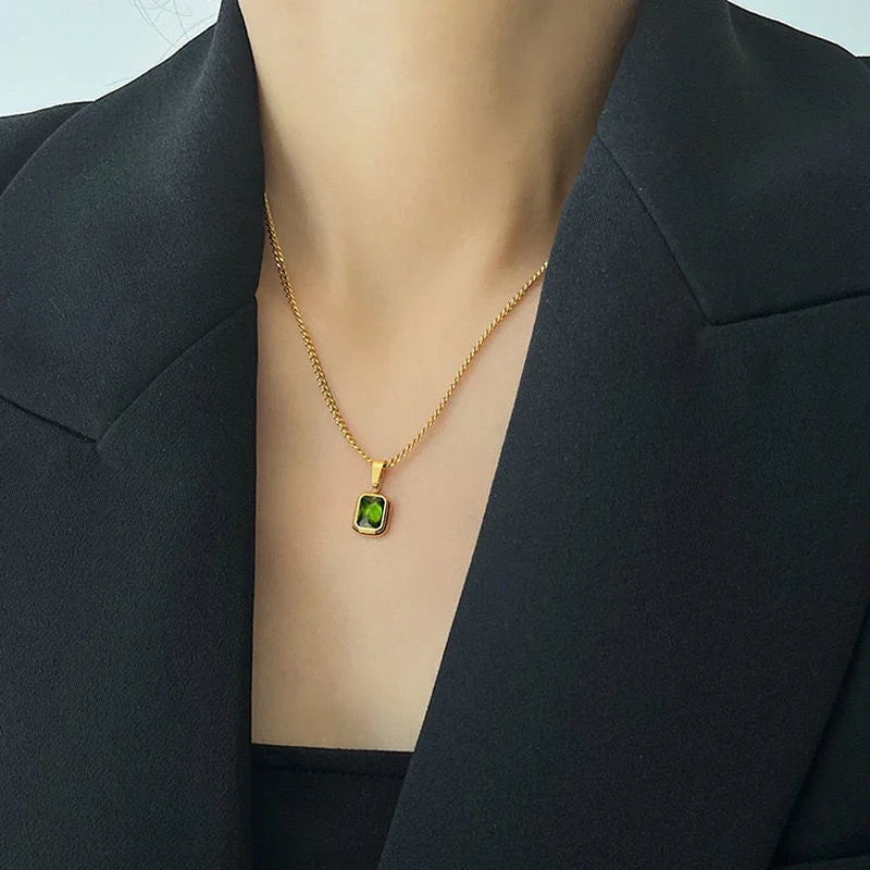 EPSINIA “Emerald Square” Necklace — 18K Gold-Plated 316L Stainless Steel Pendant with Green Zirconia