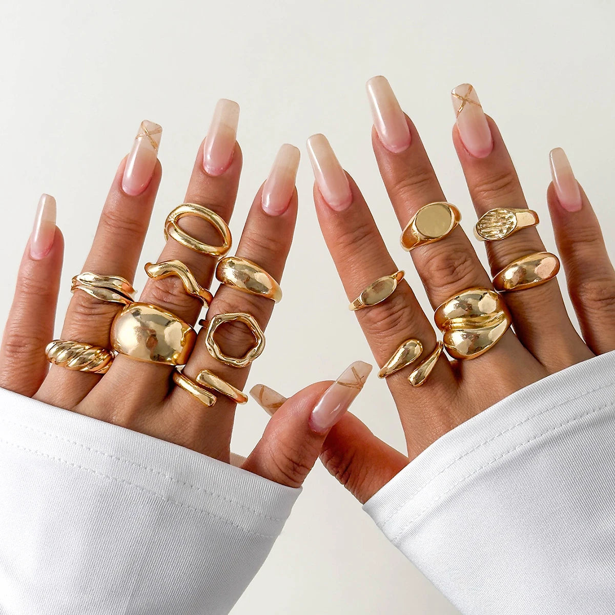 EPSINIA™ “Waveform” Set — 6-Piece Gold Irregular Ring Collection · Smooth Intersect & Classic Wave Finger Rings for Women