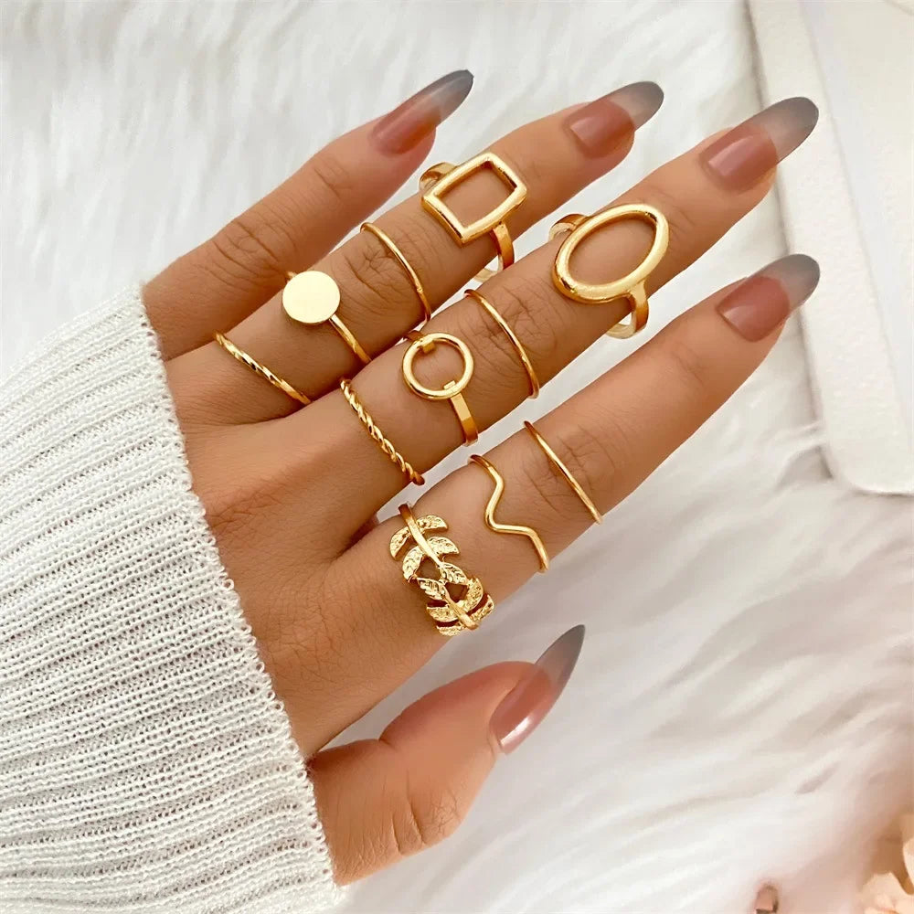 EPSINIA™ “Wave Leaf” Set — 11-Piece Geometric Hollow Ring Collection · Minimalist Gold Knuckle & Band Rings for Women and Men