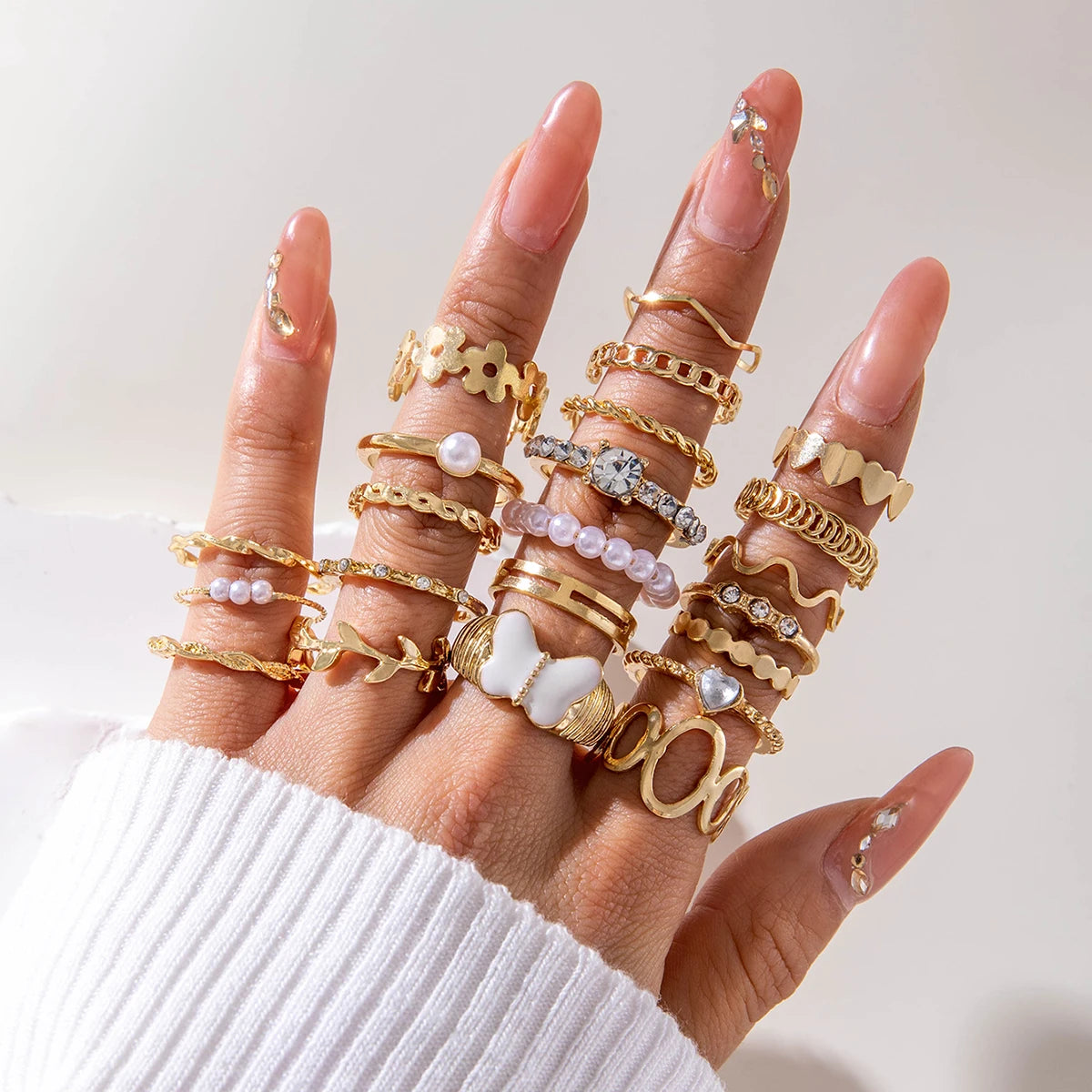 EPSINIA™ “Waveform” Set — 6-Piece Gold Irregular Ring Collection · Smooth Intersect & Classic Wave Finger Rings for Women