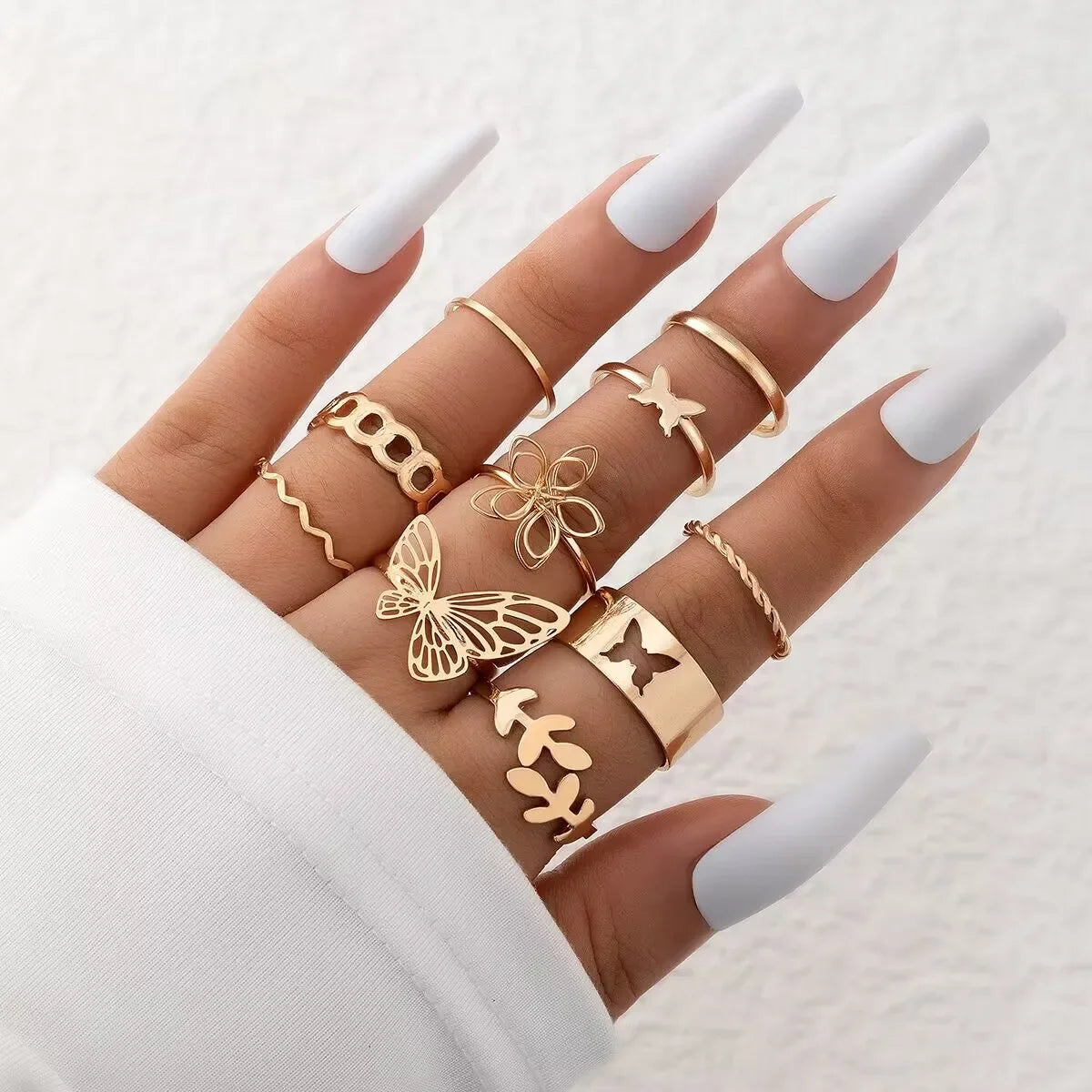 EPSINIA™ “Wave Leaf” Set — 11-Piece Geometric Hollow Ring Collection · Minimalist Gold Knuckle & Band Rings for Women and Men