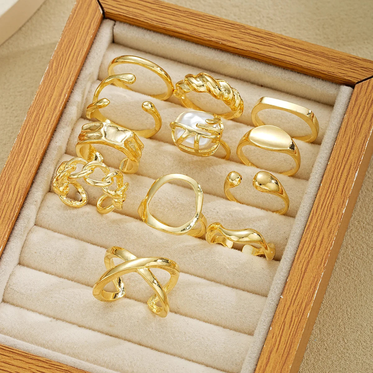 EPSINIA™ “Nova Set” — 12-Piece Gold Irregular Geometric Open Rings Set · Adjustable Metal Knuckle Jewelry for Women & Men
