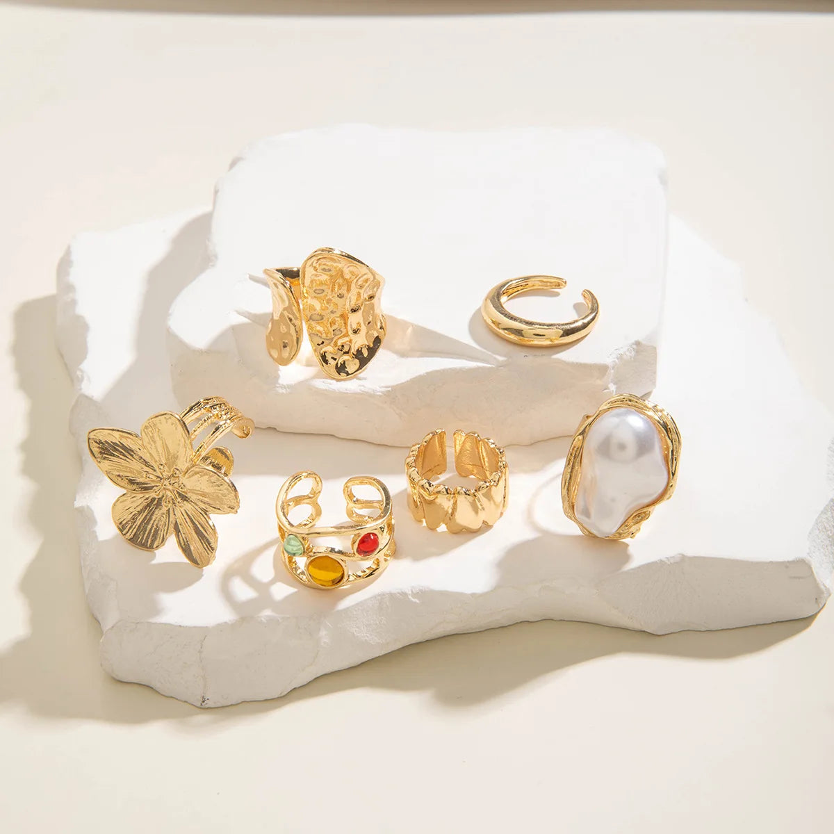 EPSINIA™ “Lava Bloom” Set — 6-Piece Baroque Pearl & Liquid Metal Ring Collection · Unique Open Design Jewelry for Women