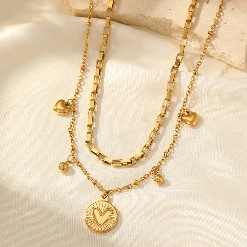 EPSINIA “Double Heart” Necklace — Light Luxury Stainless Steel Layered Chain for Women