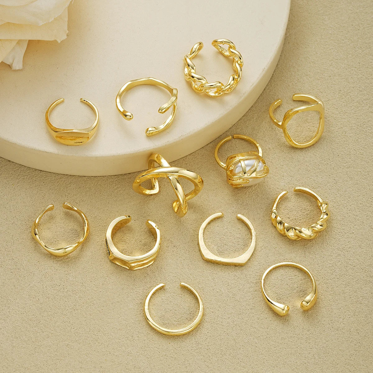 EPSINIA™ “Nova Set” — 12-Piece Gold Irregular Geometric Open Rings Set · Adjustable Metal Knuckle Jewelry for Women & Men
