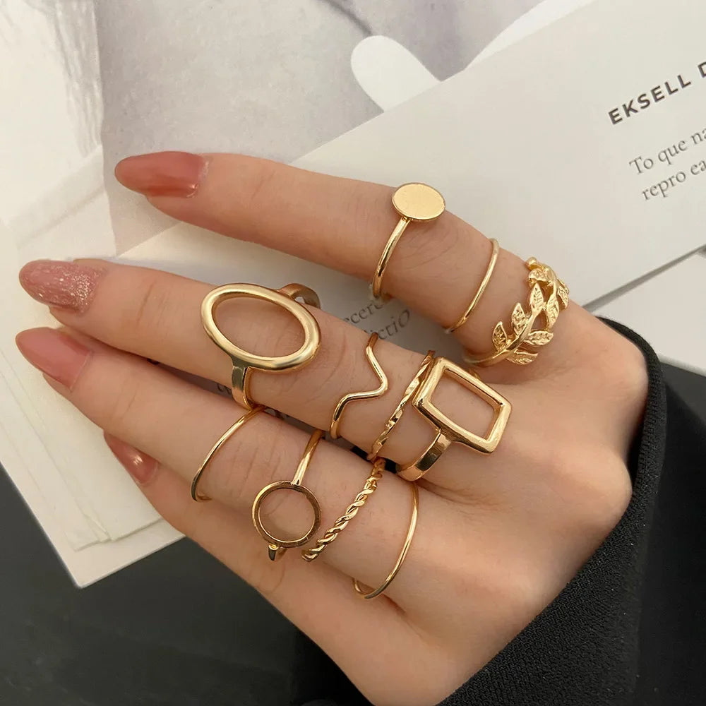 EPSINIA™ “Wave Leaf” Set — 11-Piece Geometric Hollow Ring Collection · Minimalist Gold Knuckle & Band Rings for Women and Men