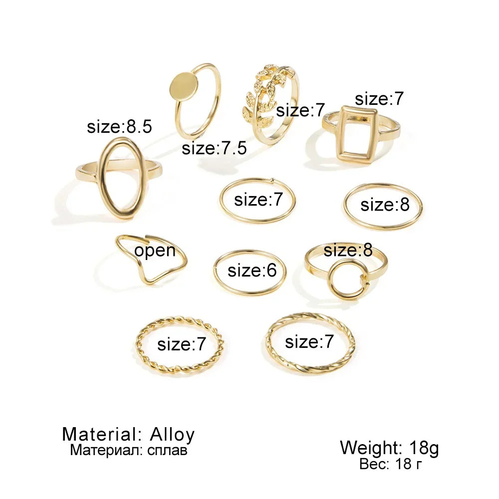 EPSINIA™ “Wave Leaf” Set — 11-Piece Geometric Hollow Ring Collection · Minimalist Gold Knuckle & Band Rings for Women and Men