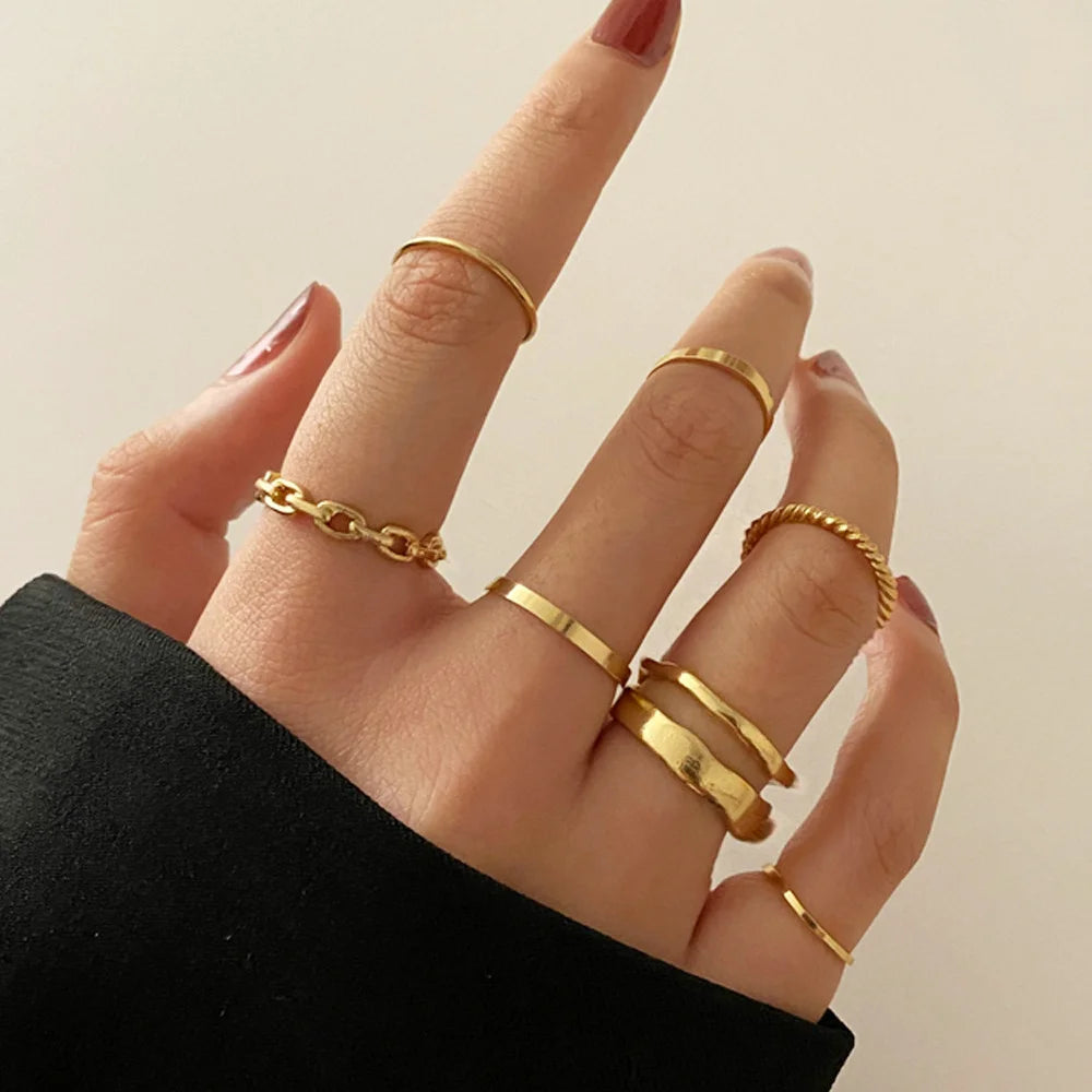 EPSINIA™ “Nova Set” — 12-Piece Gold Irregular Geometric Open Rings Set · Adjustable Metal Knuckle Jewelry for Women & Men