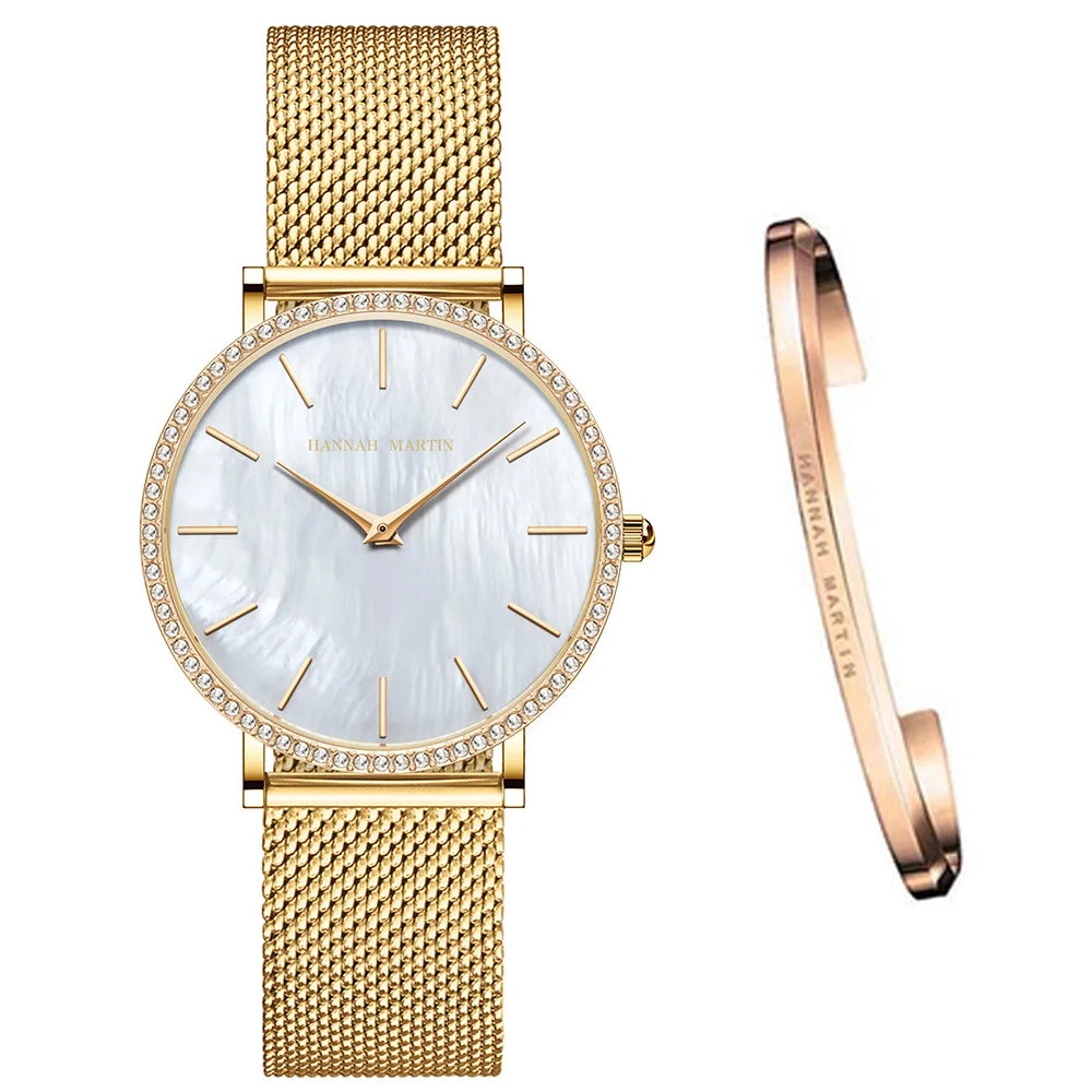 Luxury Women Watch Japanese Quartz Movement Shell Dial Rhinestone Stainless Steel Fashion Gift Box Waterproof Ladies Wristwatch