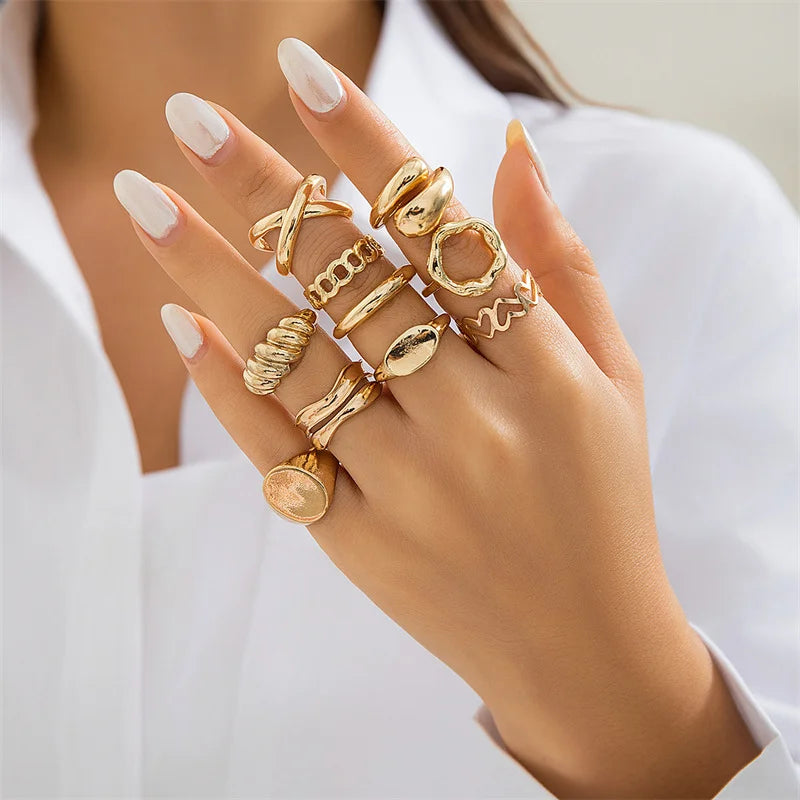 EPSINIA™ “Nova Set” — 12-Piece Gold Irregular Geometric Open Rings Set · Adjustable Metal Knuckle Jewelry for Women & Men