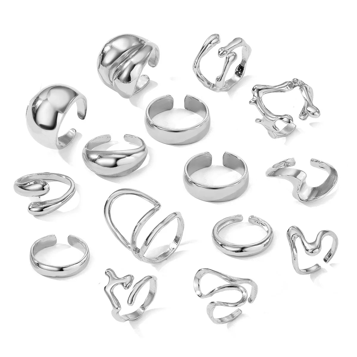 EPSINIA™ “Aqua Lines” Set — 15-Piece Irregular Metal Rings · Smooth Water Droplet Design · Unisex Retro Boho Jewelry Collection