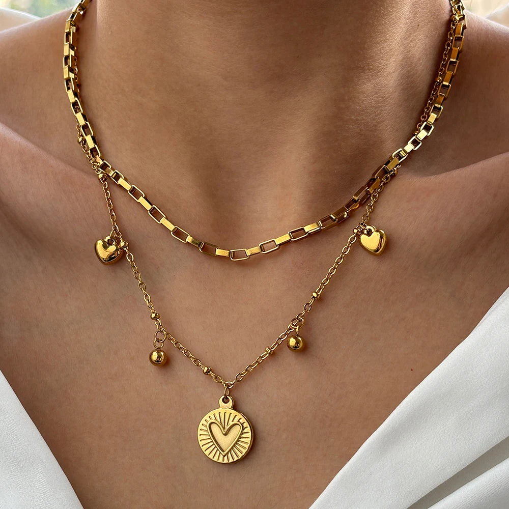 EPSINIA “Double Heart” Necklace — Light Luxury Stainless Steel Layered Chain for Women