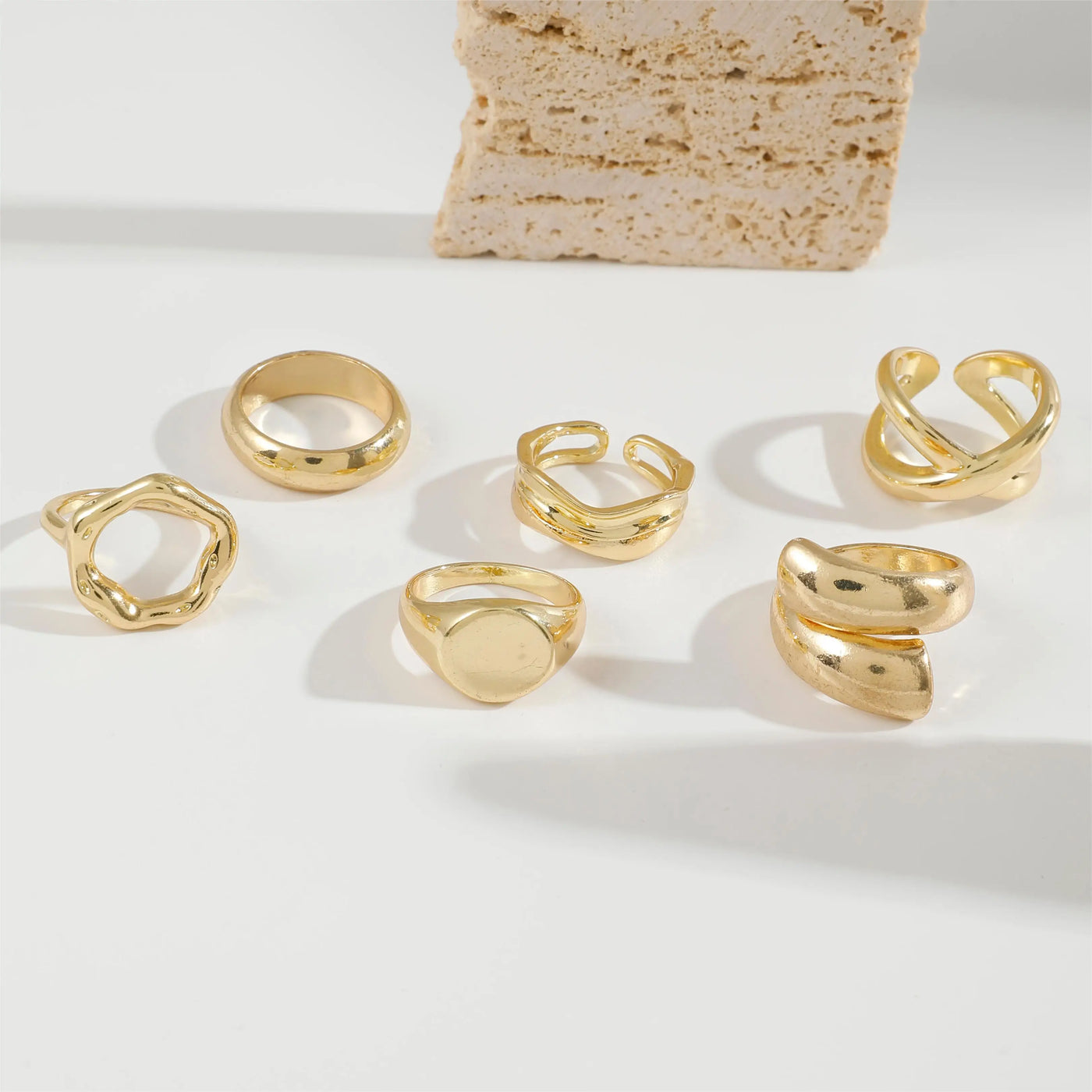 EPSINIA™ “Waveform” Set — 6-Piece Gold Irregular Ring Collection · Smooth Intersect & Classic Wave Finger Rings for Women