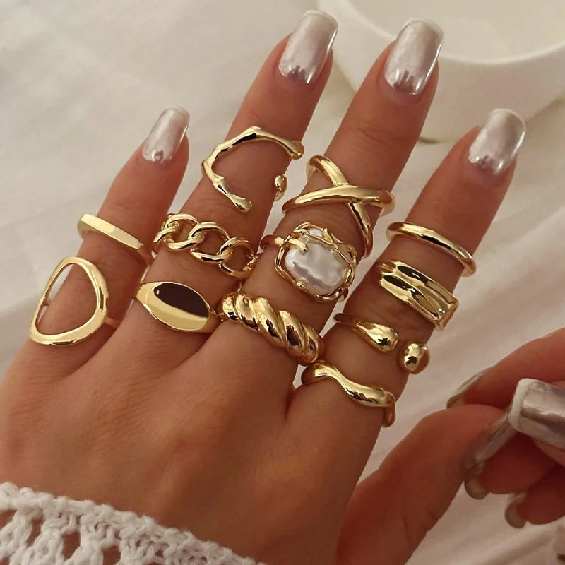 EPSINIA™ “Nova Set” — 12-Piece Gold Irregular Geometric Open Rings Set · Adjustable Metal Knuckle Jewelry for Women & Men