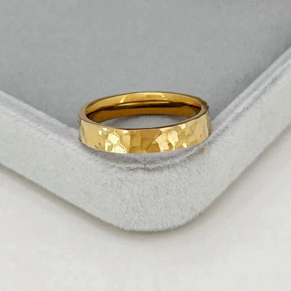 EPSINIA™ “Hammer Band” Ring — 4mm Gold Stainless Steel Textured Ring · Unisex Waterproof Engagement Jewelry Gift