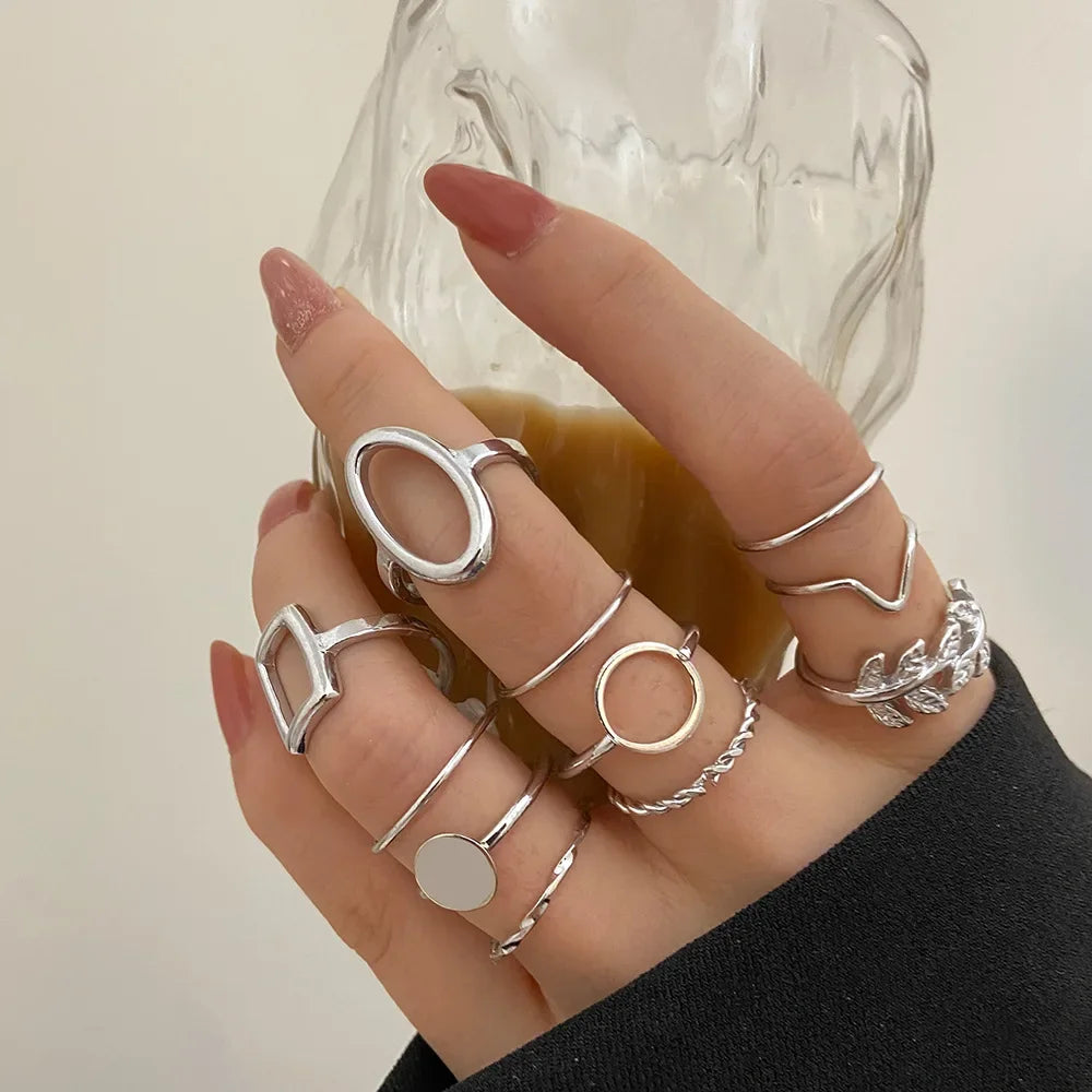 EPSINIA™ “Wave Leaf” Set — 11-Piece Geometric Hollow Ring Collection · Minimalist Gold Knuckle & Band Rings for Women and Men