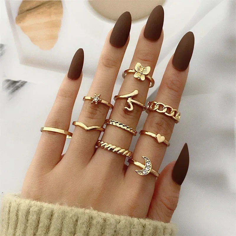 EPSINIA™ “Wave Leaf” Set — 11-Piece Geometric Hollow Ring Collection · Minimalist Gold Knuckle & Band Rings for Women and Men