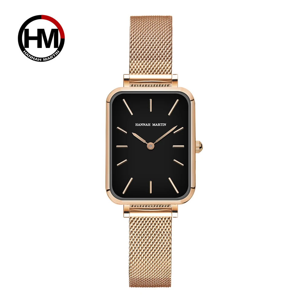 Square Women Stainless Steel Mesh Strap Watch Fashion Japanese Movement Rose Gold Simple Leisure Fashion Hannah Martin Watches