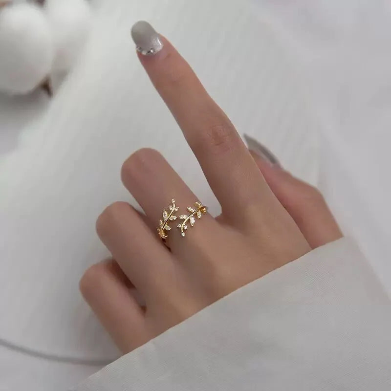EPSINIA™ “Olive Grace” Ring — 925 Sterling Silver Adjustable Olive Branch Ring with Zircon · Korean Romantic Open Design