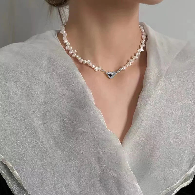 EPSINIA “Luna” Pearl Chain Necklace — Minimal Heart Pendant, Modern Korean Jewelry
