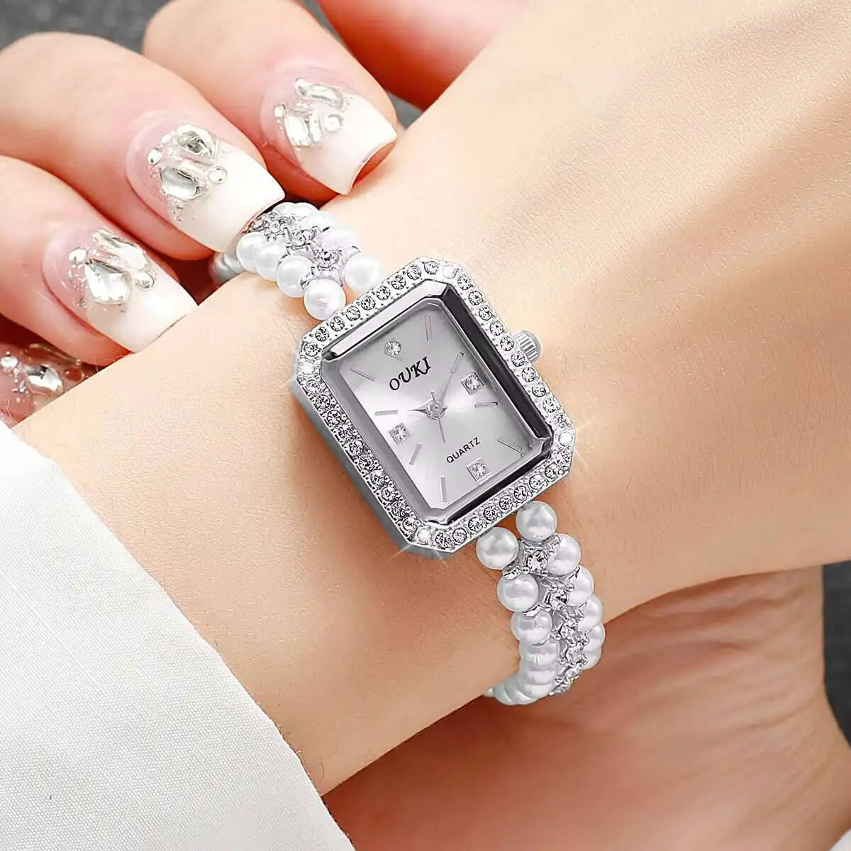 Fashion Square Women Quartz Watch Elegant Imitation Pearls Strap Wrist Watches for Girls Clock Reloj Mujer(Without Box)