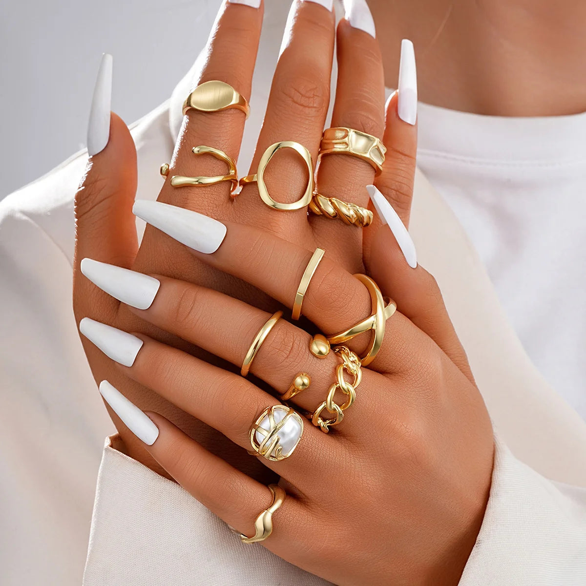 EPSINIA™ “Nova Set” — 12-Piece Gold Irregular Geometric Open Rings Set · Adjustable Metal Knuckle Jewelry for Women & Men