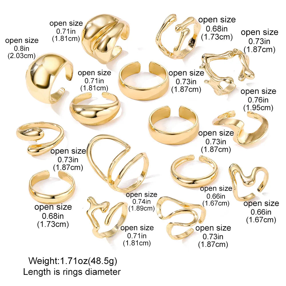 EPSINIA™ “Aqua Lines” Set — 15-Piece Irregular Metal Rings · Smooth Water Droplet Design · Unisex Retro Boho Jewelry Collection