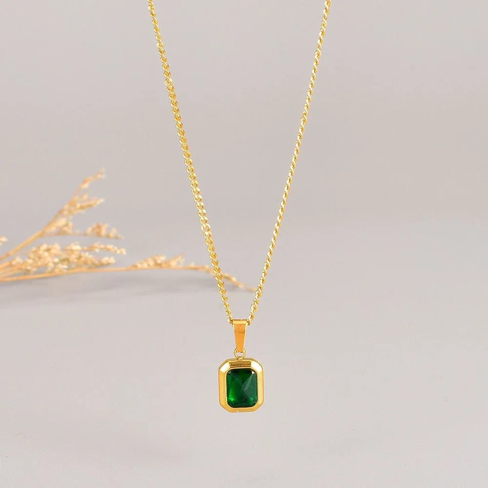 EPSINIA “Emerald Square” Necklace — 18K Gold-Plated 316L Stainless Steel Pendant with Green Zirconia